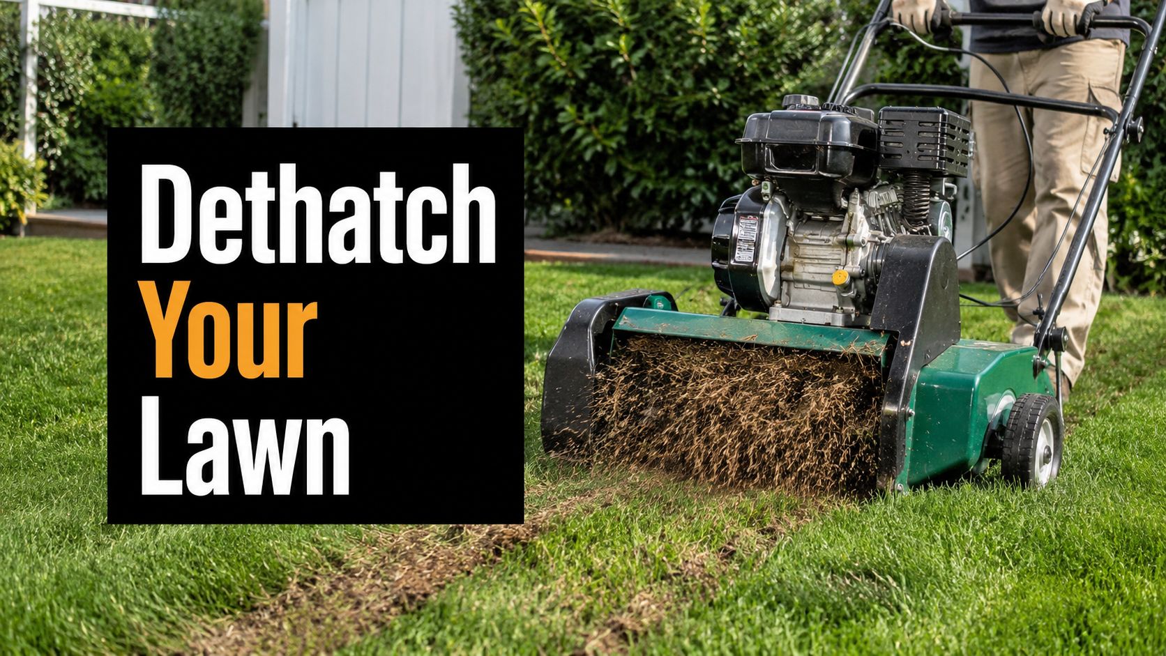 Gas-powered lawn dethatcher in action removing thatch from a green lawn, beside a large black sign that reads 'Dethatch Your Lawn'