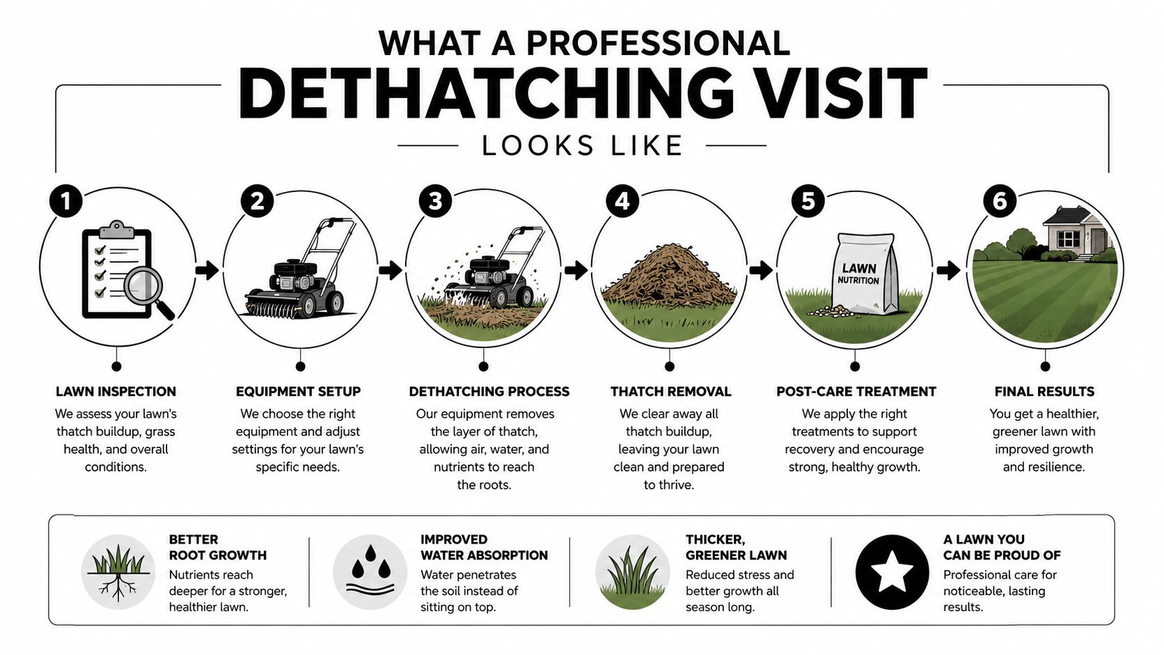 An infographic illustrating the six-step process of a professional lawn dethatching service and its benefits.