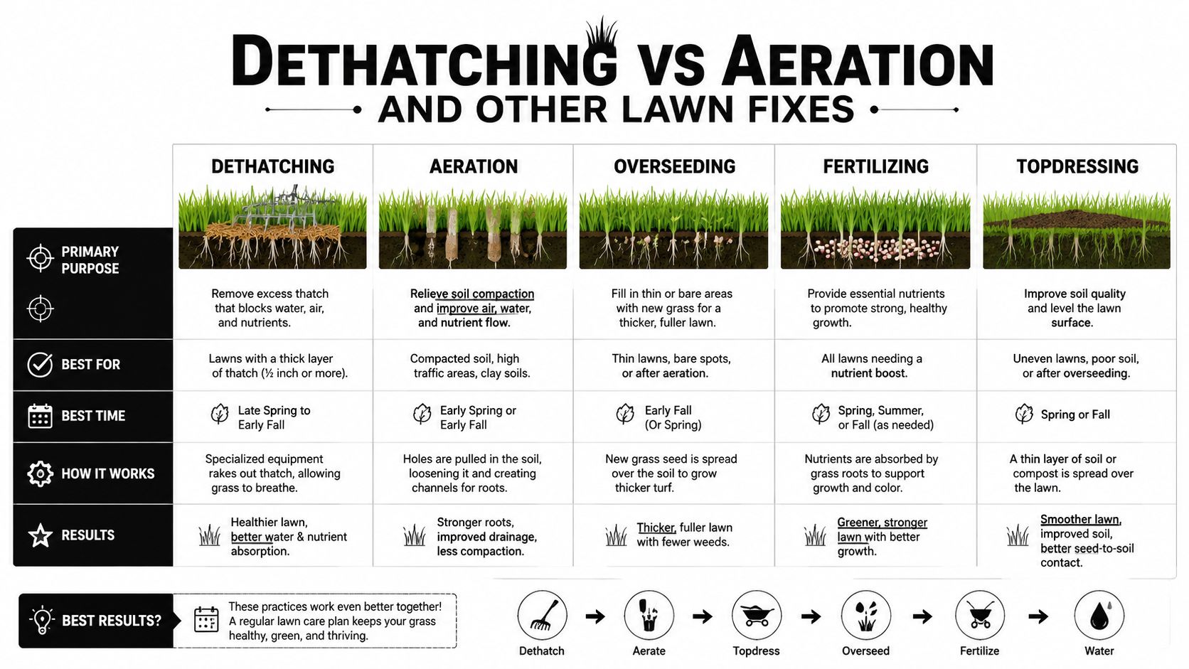 An infographic comparing various lawn maintenance practices including dethatching, aeration, overseeding, fertilizing, and topdressing for lawn care.