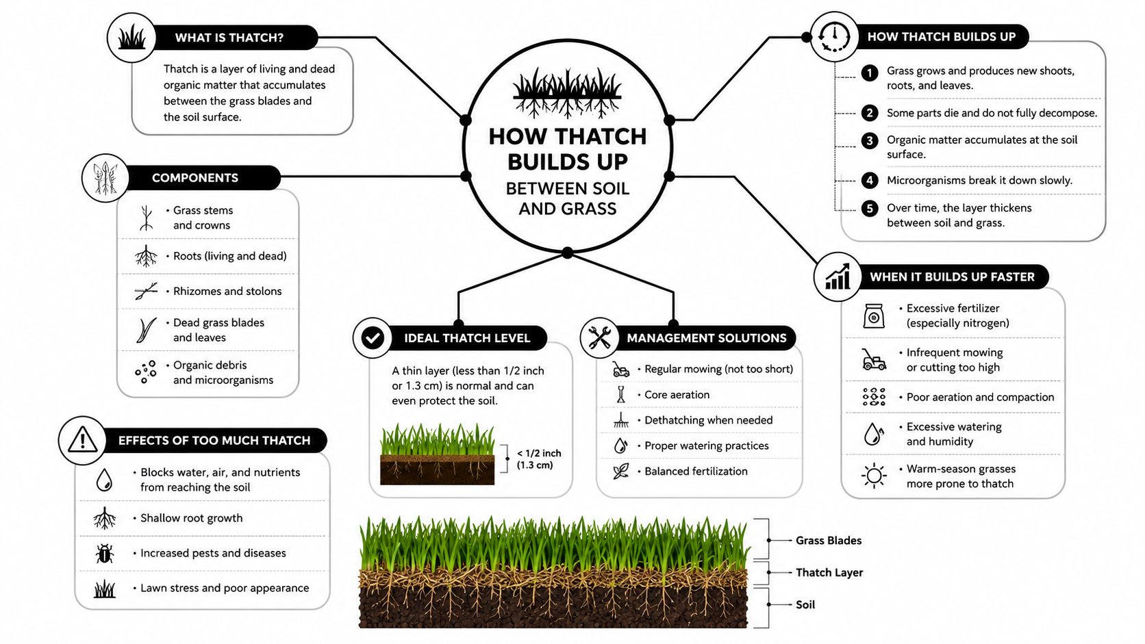 A detailed infographic explaining how thatch forms in lawns, its effects, and effective management solutions.