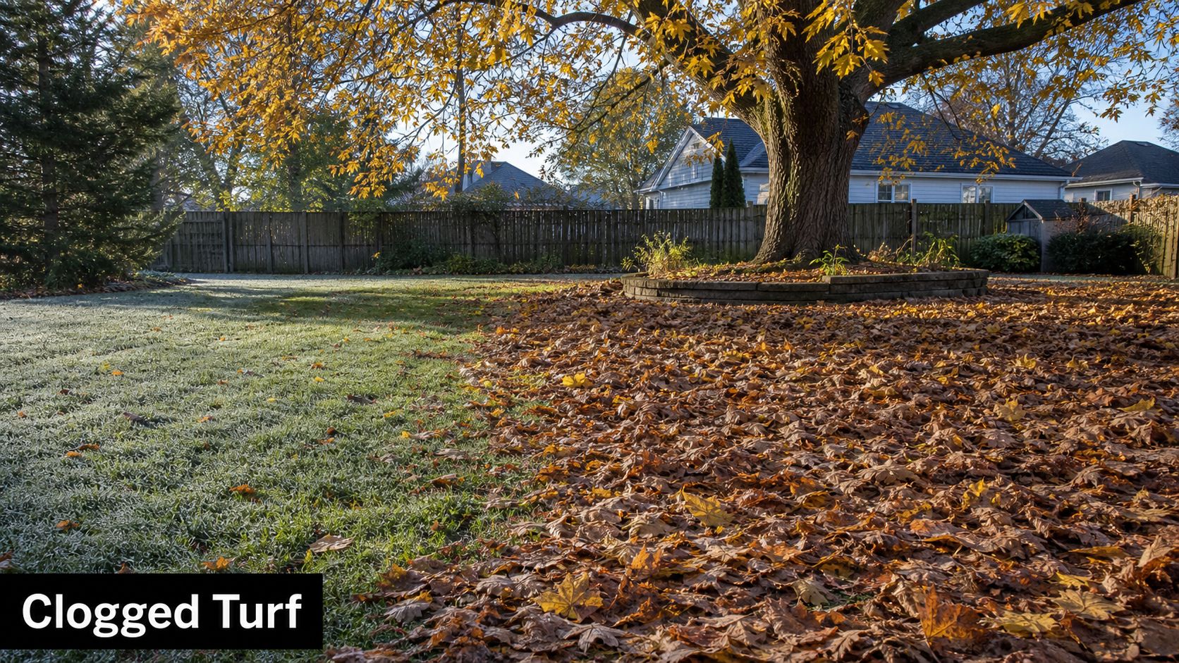 A backyard lawn partially covered in a thick layer of fallen autumn leaves during a frosty morning.