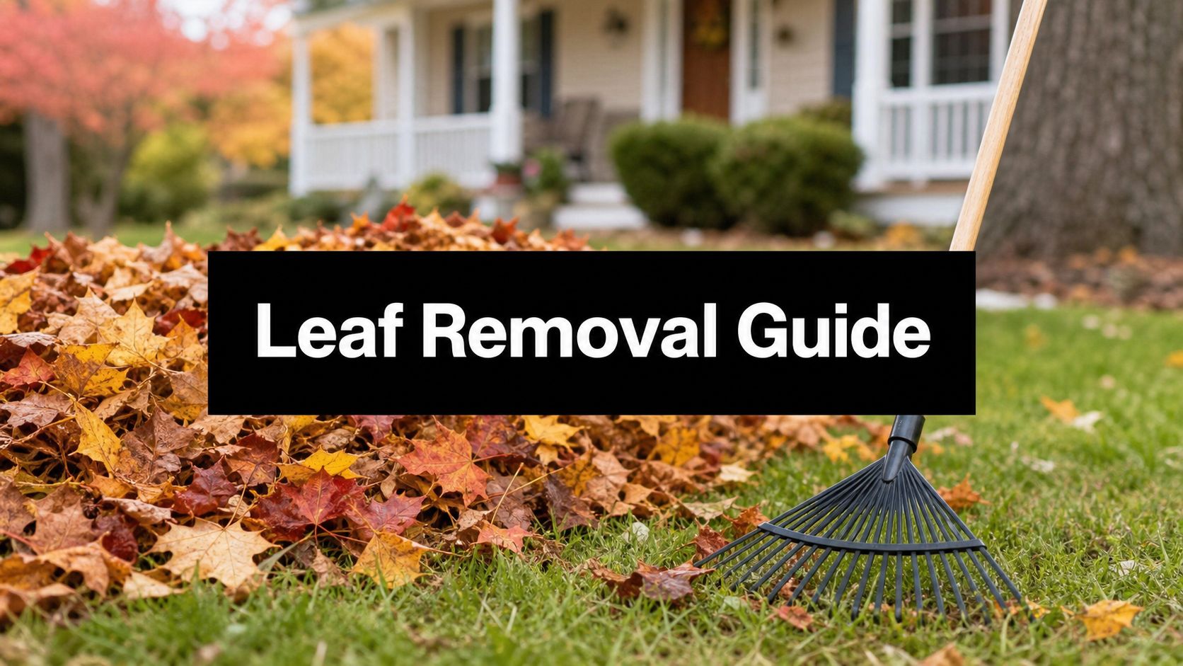 Pile of autumn leaves on a lawn with a rake and a black sign that says 'Leaf Removal Guide' in the foreground.