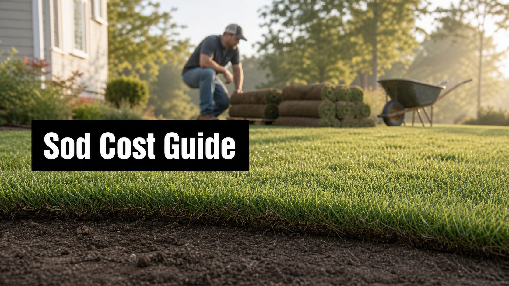 Lawn worker kneels beside rolled sod in a sunny yard; wheelbarrow and stacked sod in the background, with a bold 'Sod Cost Guide' banner across the scene.