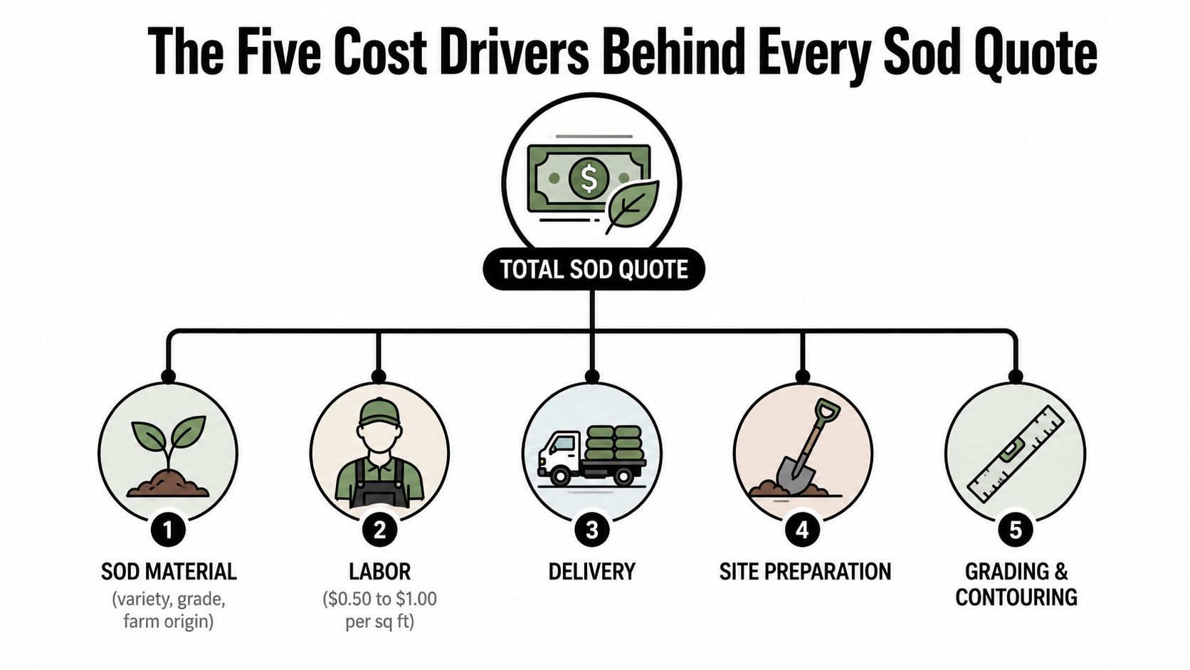 A diagram illustrating the five primary cost drivers of a professional sod installation service quote.