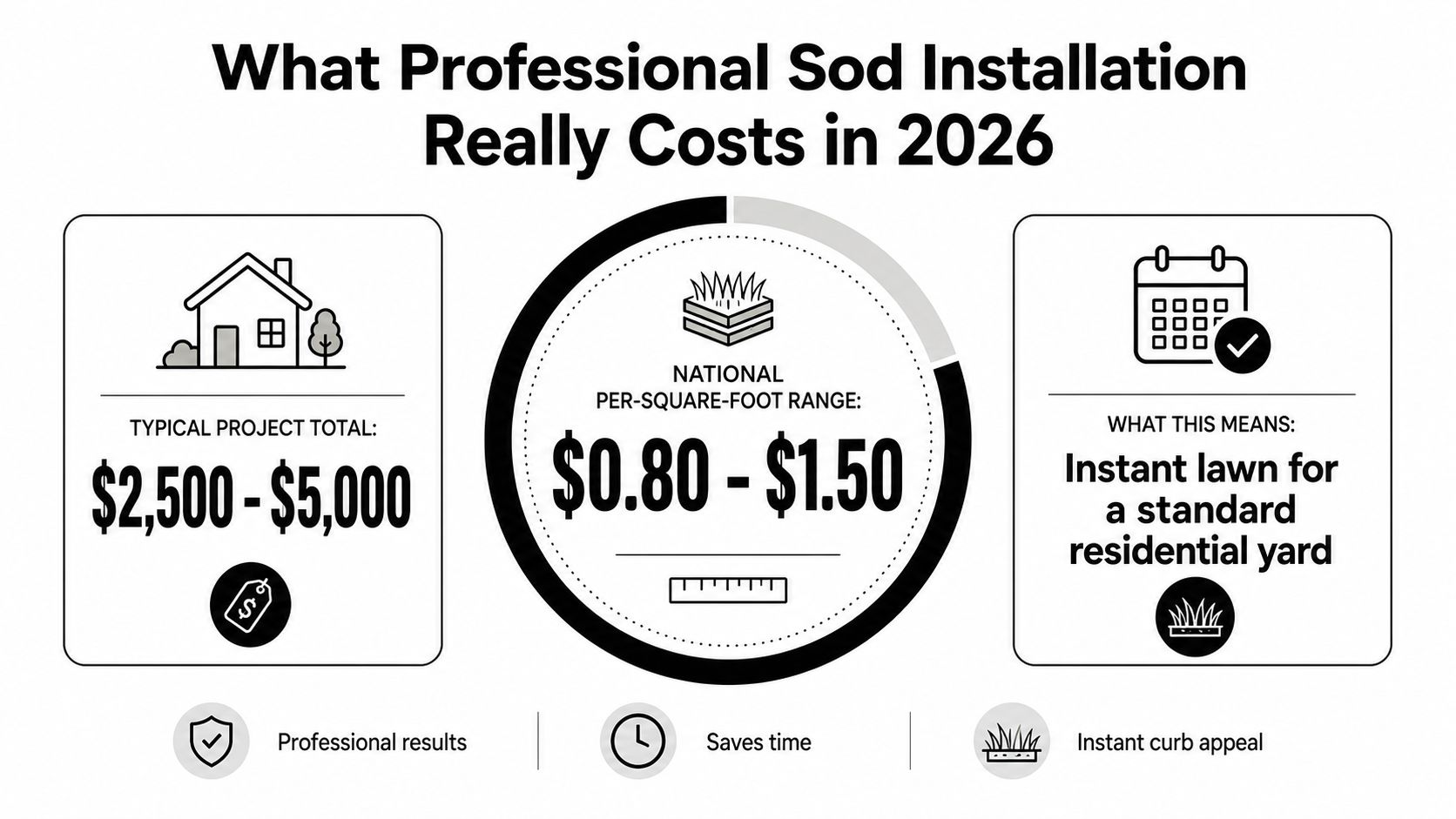 An infographic showing that professional sod installation costs range from 2500 to 5000 dollars per project.