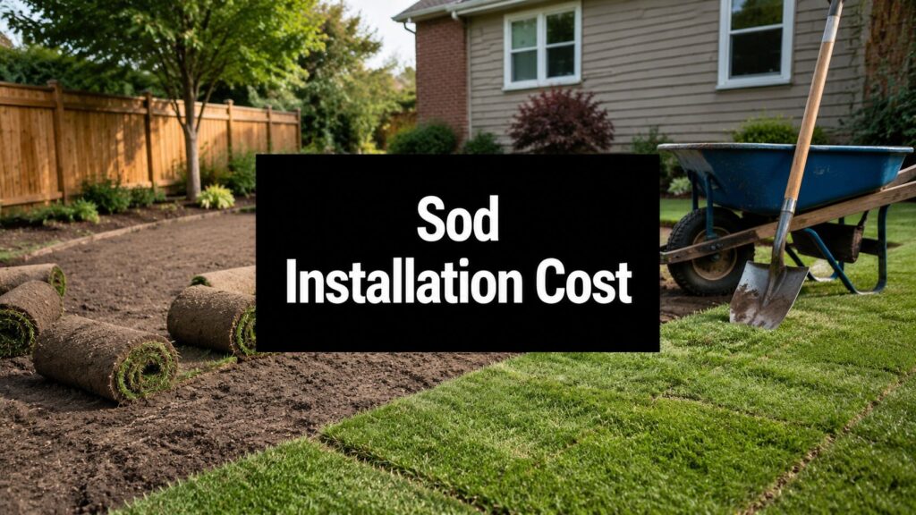 Black sign reading 'Sod Installation Cost' at a backyard renovation site with rolled sod and a wheelbarrow nearby.