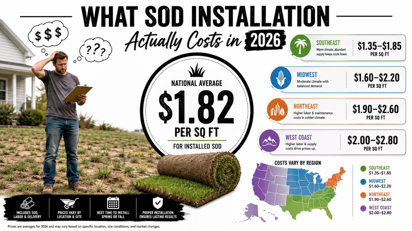 An infographic detailing the national and regional average costs for sod installation in the year 2026.